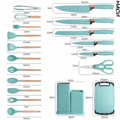 Set ustensile Macvi® bucatarie silicon premium 19 piese cu suport organizare cutite tocator linguri spatule fara BPA rezistente la temperaturi ridicate, Turcoaz