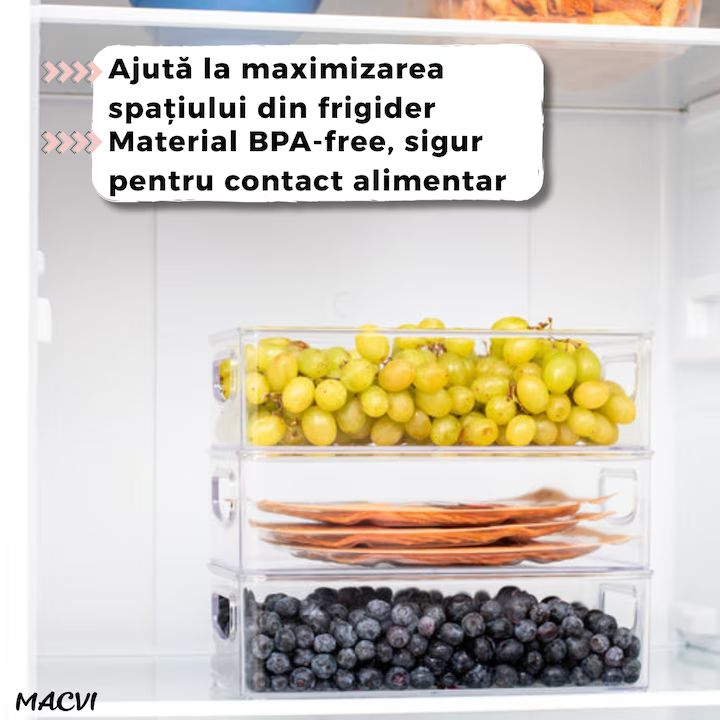 Set 4 organizatoare Macvi® pentru frigider, ABS durabil, fara BPA, stocabile, cu manere integrate, 26×15 cm, transparente