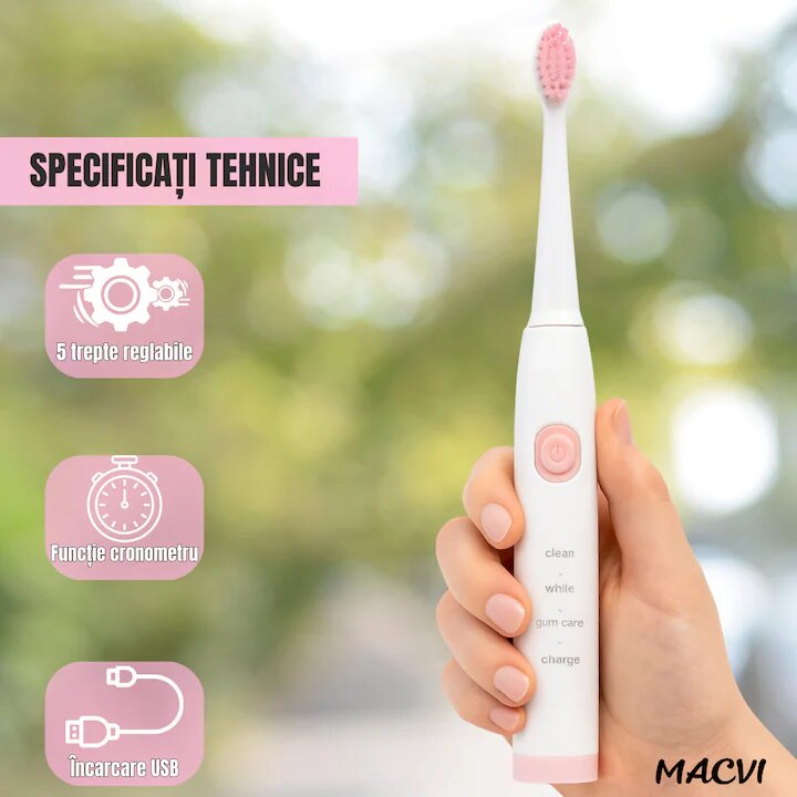 Periuta de dinti electrica Macvi®V-801, 5 trepte viteza, 3 programe de curatare, albire, ingrijire medicala, functie memorare, autonomie 36h, rezistenta la apa IPX7, Alb/Roz