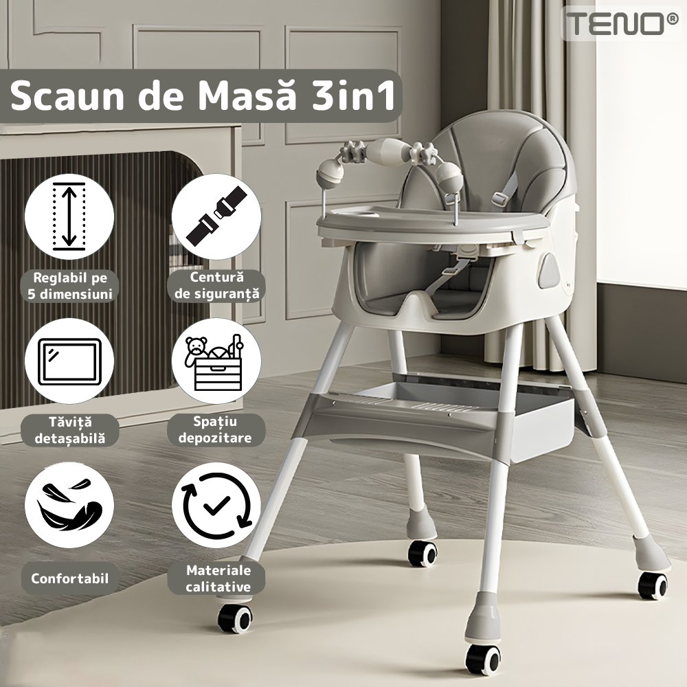 Scaun de Masa 3in1 pentru Bebelusi si Copii Teno®, centura de siguranta in 5 puncte, tavita reglabila si detasabila, loc depozitare jucarii, gri deschis