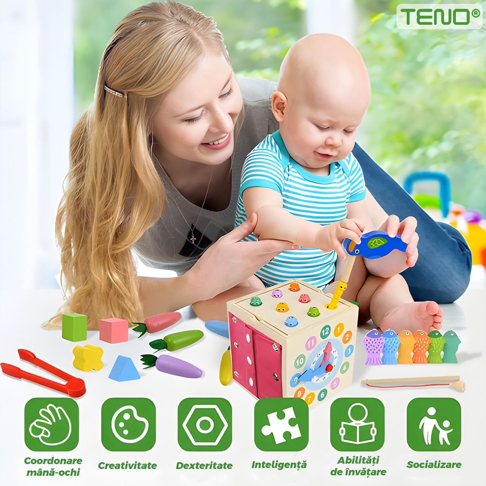 Cub Montessori Teno®, din lemn, educativ, joc cu legume, joc cu nasturi, joc de pescuit, sireturi, dezvolta abilitatile cognitive, senzoriale, coordonare mana-ochi, multicolor