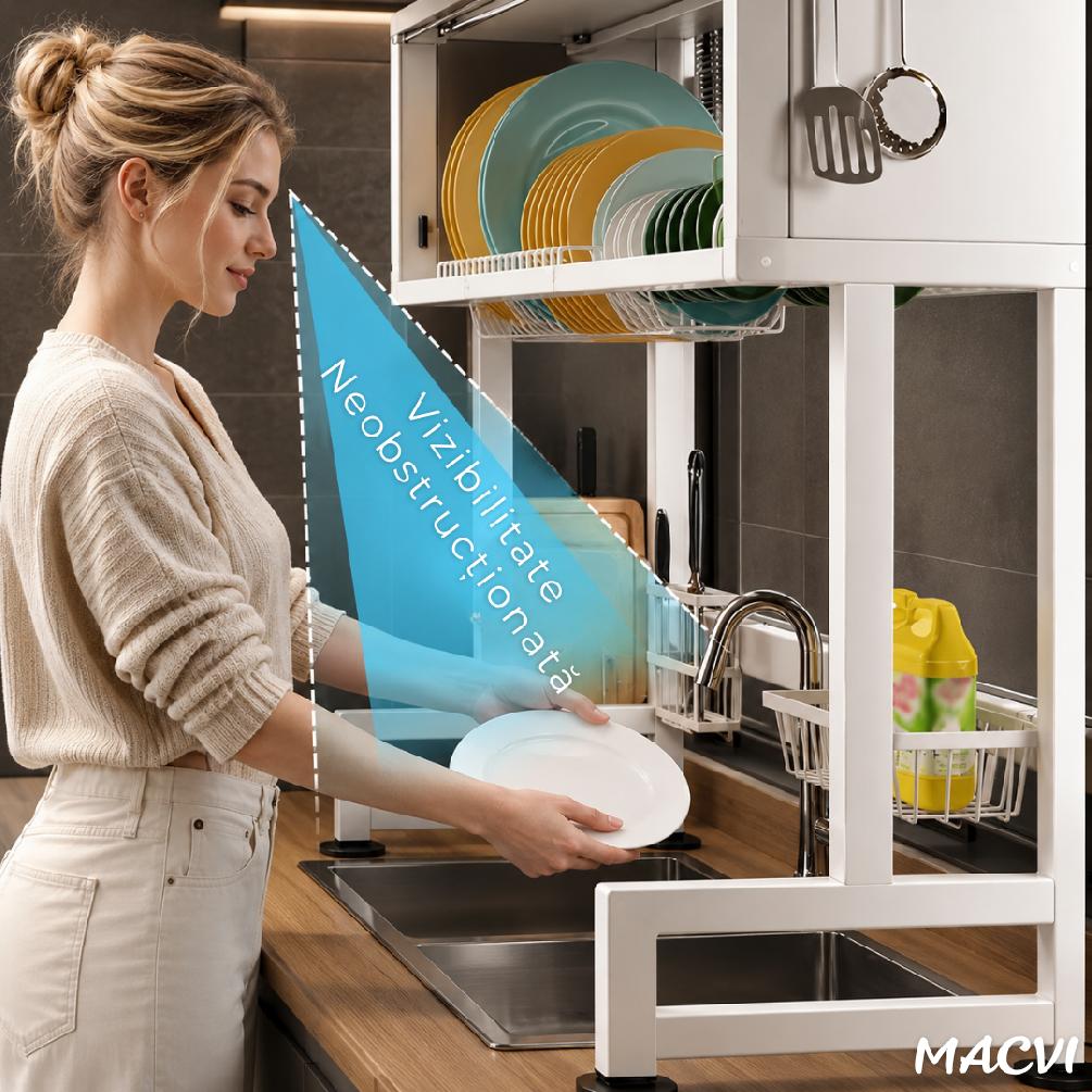 Scurgator Vase deasupra Chiuvetei Macvi®, Raft Multifunctional cu 3 Niveluri, Suport Tacamuri si Cutite, Organizator Bucatarie din Inox cu Usi Rabatabile AntiPraf