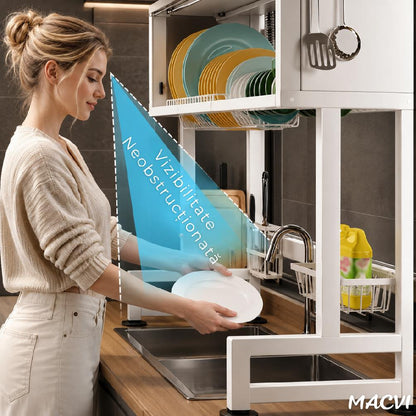 Scurgator Vase deasupra Chiuvetei Macvi®, Raft Multifunctional cu 3 Niveluri, Suport Tacamuri si Cutite, Organizator Bucatarie din Inox cu Usi Rabatabile AntiPraf