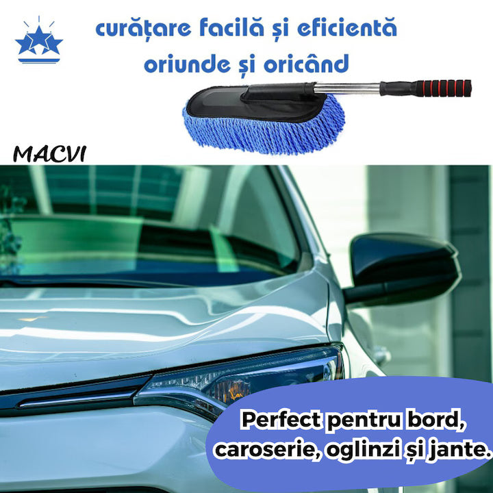 Pamatuf auto din microfibra Macvi® cu maner telescopic, antistatic, ideal pentru praf, plafon si caroserie