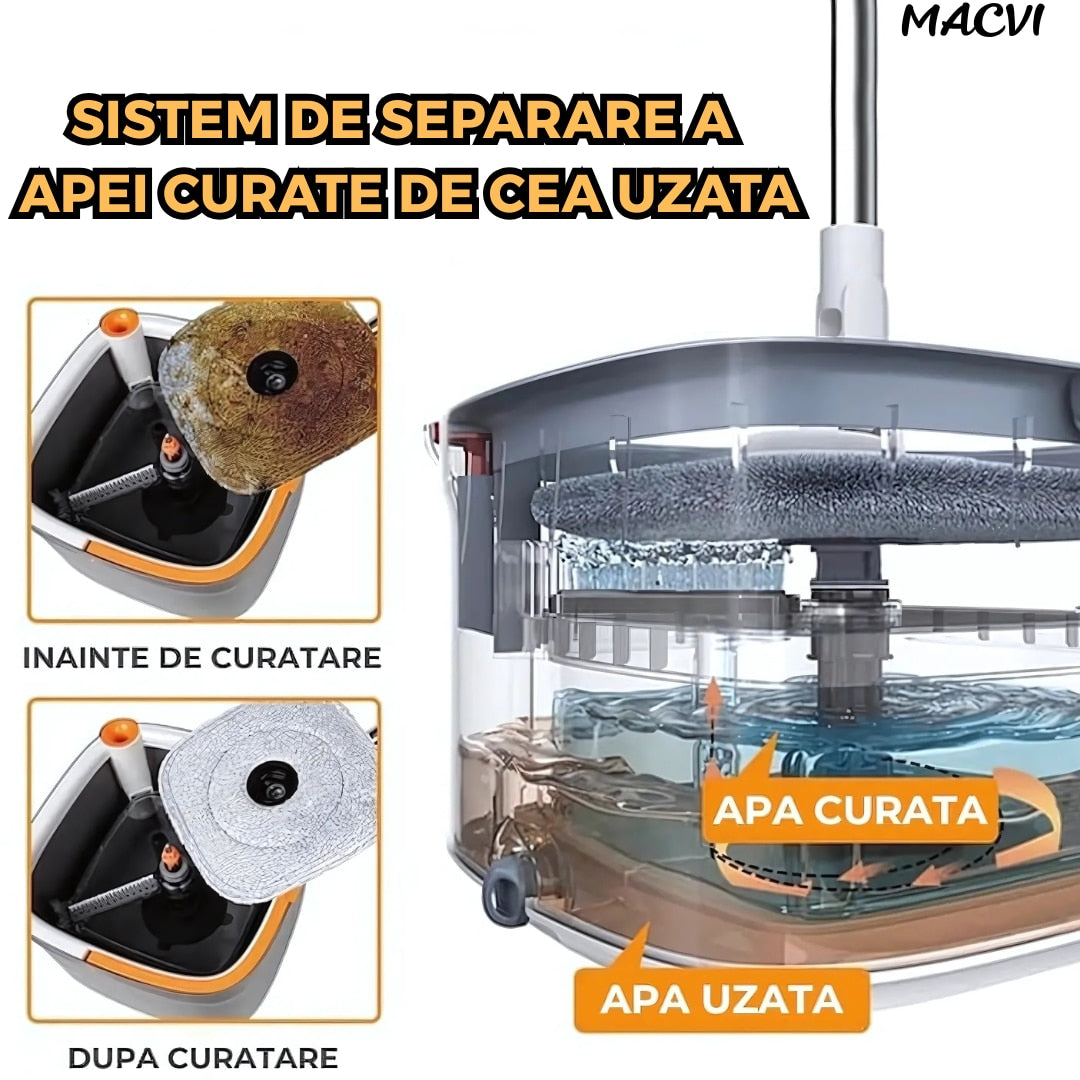 Mop Rotativ Macvi® cu Galeata, 2 lavete microfibra, functie de autocuratare, Rotatie 360°, Stoarcere Automata, Gri Inchis