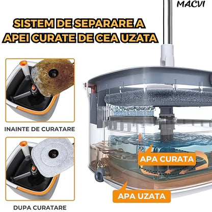 Mop Rotativ Macvi® cu Galeata, 2 lavete microfibra, functie de autocuratare, Rotatie 360°, Stoarcere Automata, Gri Inchis