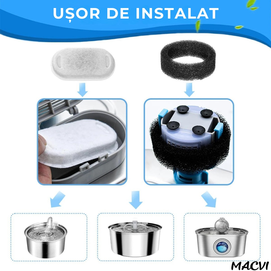 Set 4 filtre Macvi® pentru dispenser de apa automat, design oval, elimina mirosurile si gusturile neplacute, filtrare eficienta pentru caini si pisici, bumbac de calitate