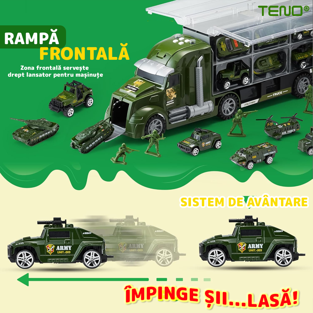 Set Camion Trailer de Jucarie pentru Transport Teno®, seria armata, 6 masinute incluse, tanc, masini blindate, accesorii mobile, lansator si rampa frontala, platforma tractare, verde