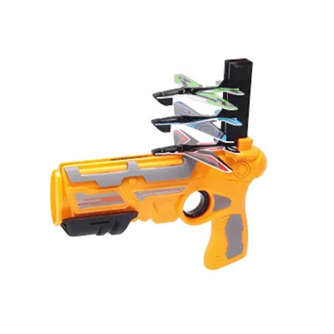 Pistol Lansator Macvi® cu 4 Avioane, Jucarie Interactiva pentru Copii, Design Usor si Sigur, Galben