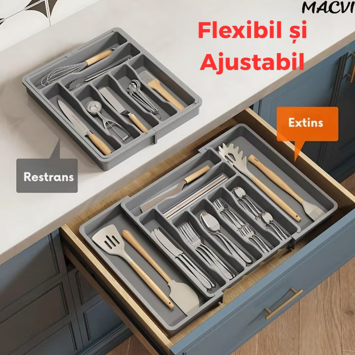 Organizator extensibil Macvi® 8 compartimente, pentru sertar, Sistem modular pentru tacamuri si ustensile de bucatarie, Gri