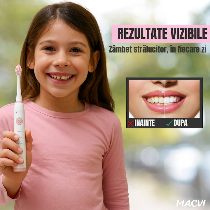 Periuta de dinti electrica Macvi®V-801, 5 trepte viteza, 3 programe de curatare, albire, ingrijire medicala, functie memorare, autonomie 36h, rezistenta la apa IPX7, Alb/Roz