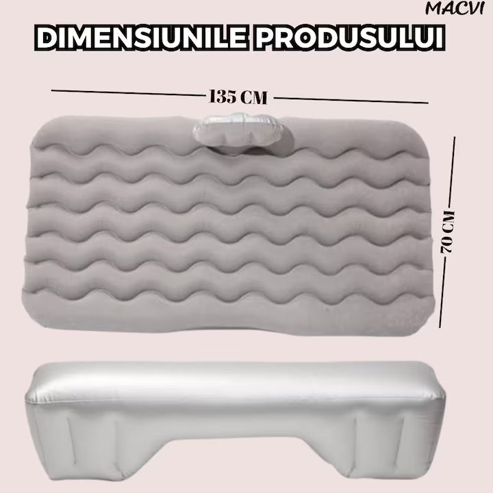 Saltea Gonflabila Auto Macvi® cu Perne si Suport de Echilibru, Ideala pentru Bancheta din Spate, Camping, Calatorii si Relaxare, Gri