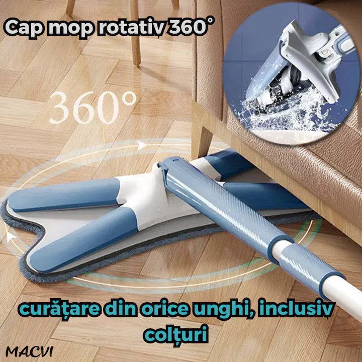 Mop Dreptunghiular Macvi® cu Stoarcere Integrata 2 Lavete Reutilizabile Microfibra, Cap Plat, Curatare Usoara Podele, Albastru