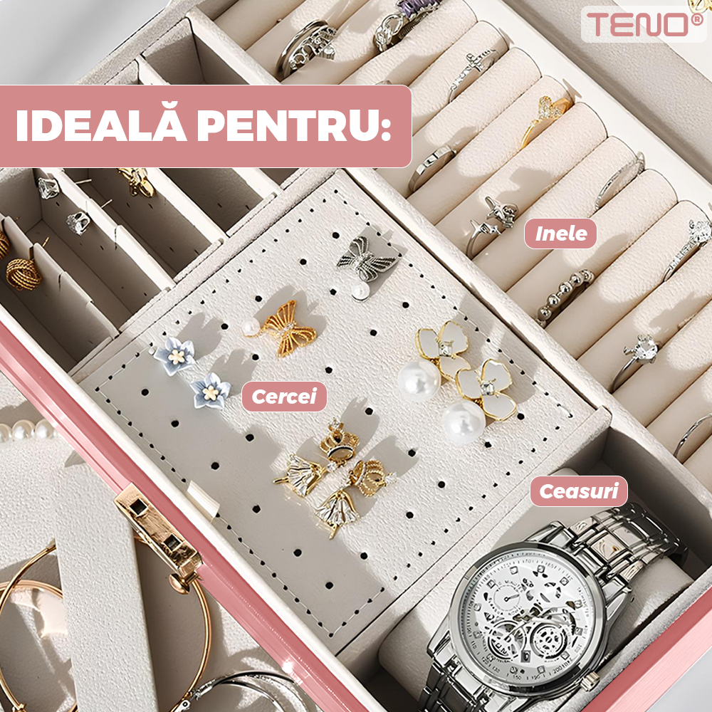 Cutie pentru Bijuterii Teno®, organizare si depozitare, 2 compartimente, captuseala fina, compartimente inele, bratari, lantisoare, ceasuri, compartiment secret, 23 x 10 x 17 cm, roz