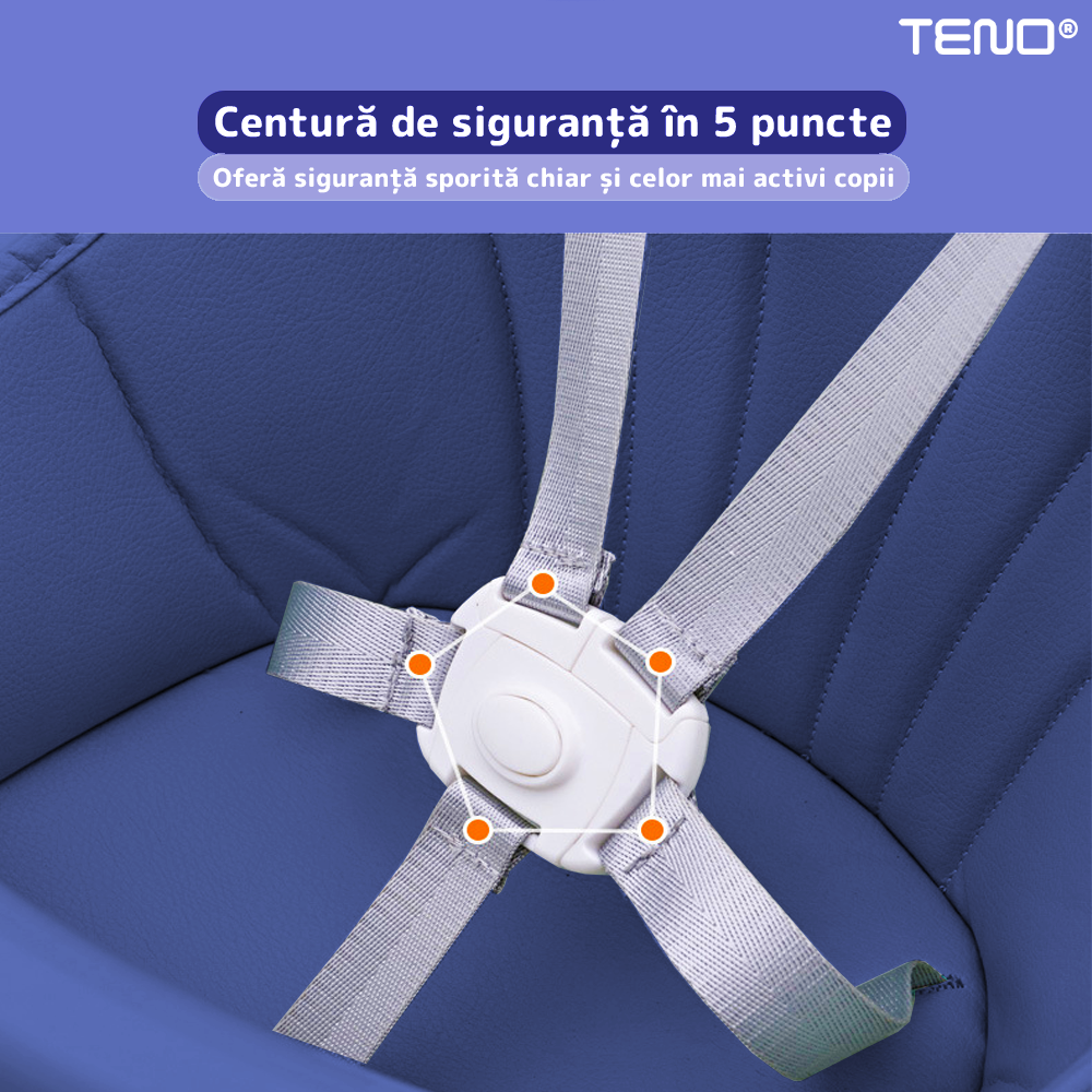 Scaun de Masa 3in1 pentru Bebelusi si Copii Teno®, centura de siguranta in 5 puncte, tavita reglabila si detasabila, loc depozitare jucarii, albastru inchis