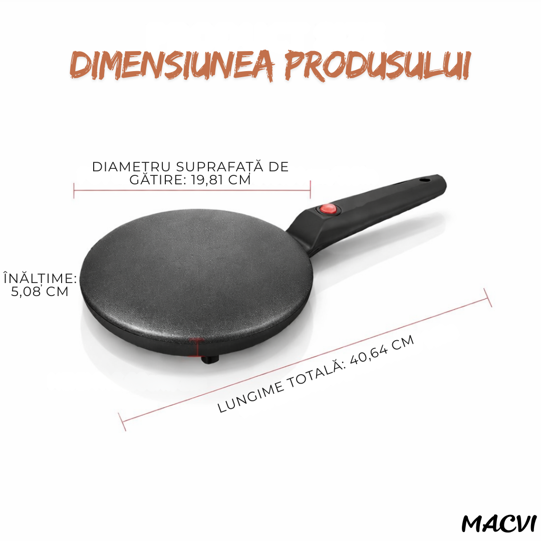 Tigaie electrica pentru clatite fara ulei Macvi® 600W antiaderenta diametru 20 cm cu termostat automat si maner ergonomic