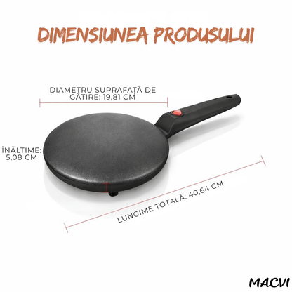 Tigaie electrica pentru clatite fara ulei Macvi® 600W antiaderenta diametru 20 cm cu termostat automat si maner ergonomic