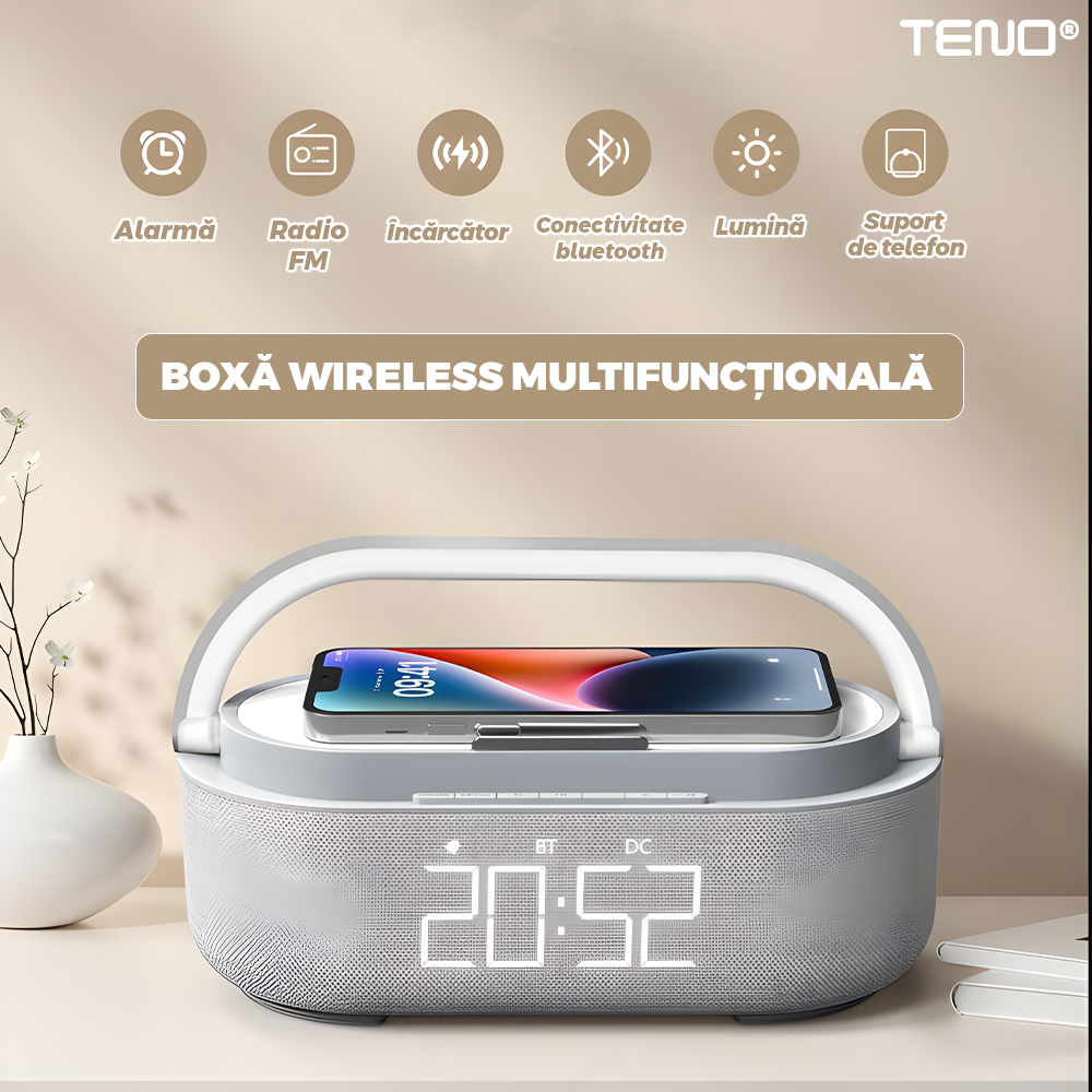 Boxa Portabila Teno 3 in 1, lumina ambientala si suport telefon, gri