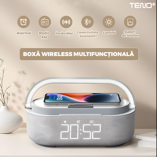 Boxa Portabila Teno 3 in 1, lumina ambientala si suport telefon, gri