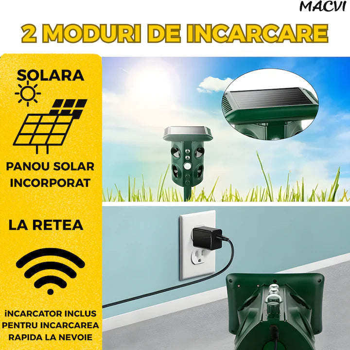 Aparat Macvi® cu ultrasunete anti-daunatori, 360°, anti animale salbatice, incarcare solara/USB, senzori PIR, LED-uri stroboscopice, waterproof, verde, dublu