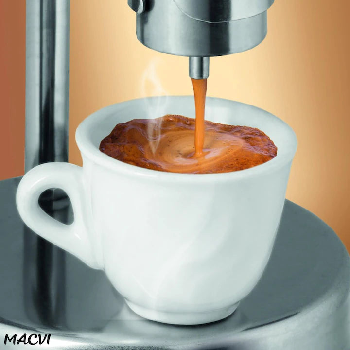 Espressor manual Kamira MACVI®, din inox 100%, presiune 4-5 bari, portabil, fara curent, filtru de inox pentru 2 cesti cafea, compatibil aragaz si resou