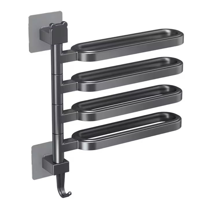 Suport prosoape Macvi® rotativ negru fara gaurire cu brate mobile si carlig integrat pentru baie sau bucatarie