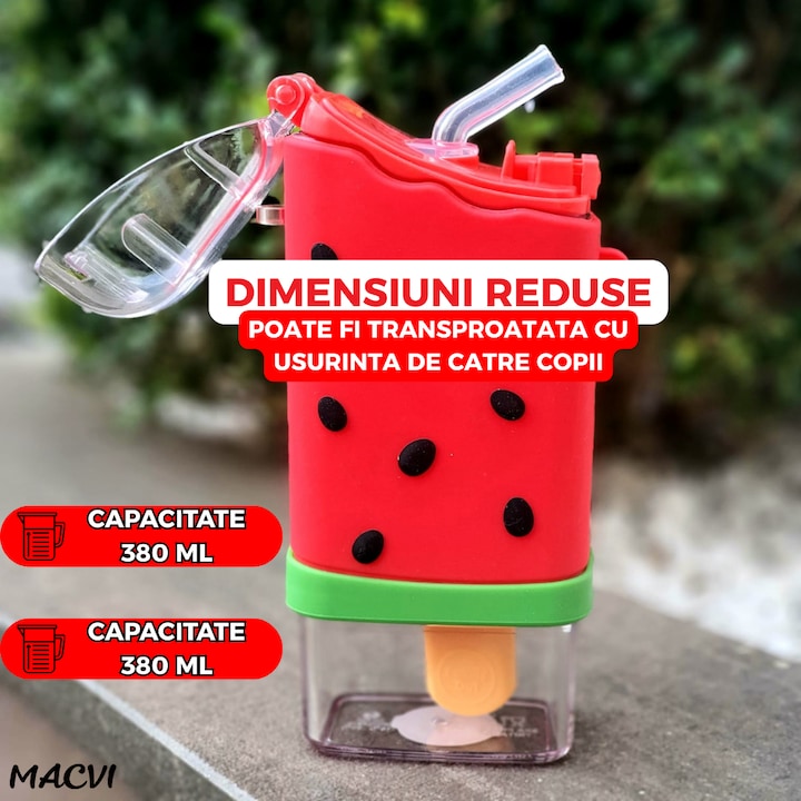 Sticla de Apa pentru Copii Macvi® Forma Inghetata Pepene, 300 ml, Fara BPA, Anti-Scurgere, Capac Etans, Pai Incorporat, Usor de Curatat, Rosu