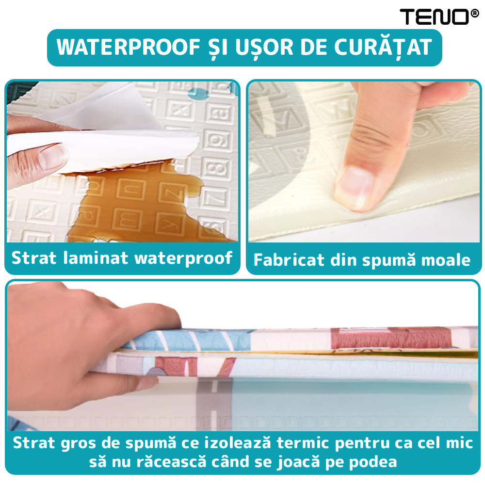 Covoras de Joaca pentru Copii Teno®, 2 fete, termic, anti-derapant, pliabil, protectie impotriva loviturilor, munti si padure, 200x180cm, grosime 1 cm, multicolor