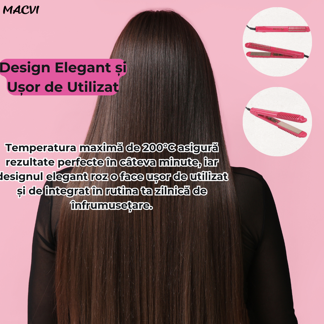 Placa pentru Indreptat Parul Macvi® cu Placi Ceramice, 4 Trepte de Temperatura, Roz, Alimentare la Retea