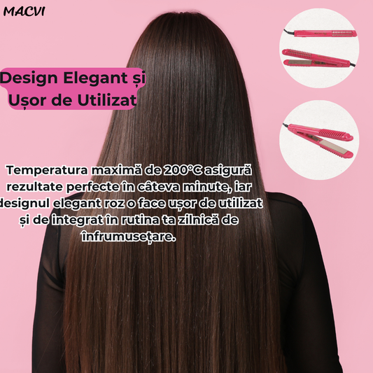 Placa pentru Indreptat Parul Macvi® cu Placi Ceramice, 4 Trepte de Temperatura, Roz, Alimentare la Retea