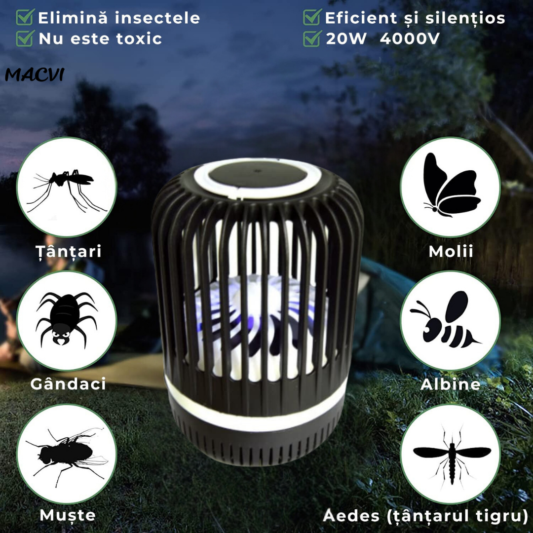Lampa Anti-Insecte Macvi® cu LED UV, 5W, Raza de Actiune 20 m², Alimentare USB, Negru