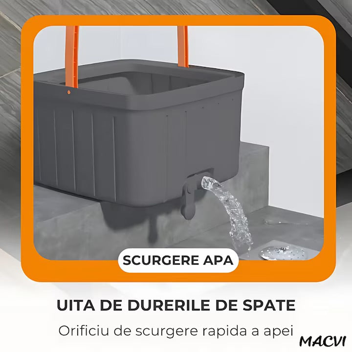 Mop Rotativ Macvi® cu Galeata, 2 lavete microfibra, functie de autocuratare, Rotatie 360°, Stoarcere Automata, Gri Deschis