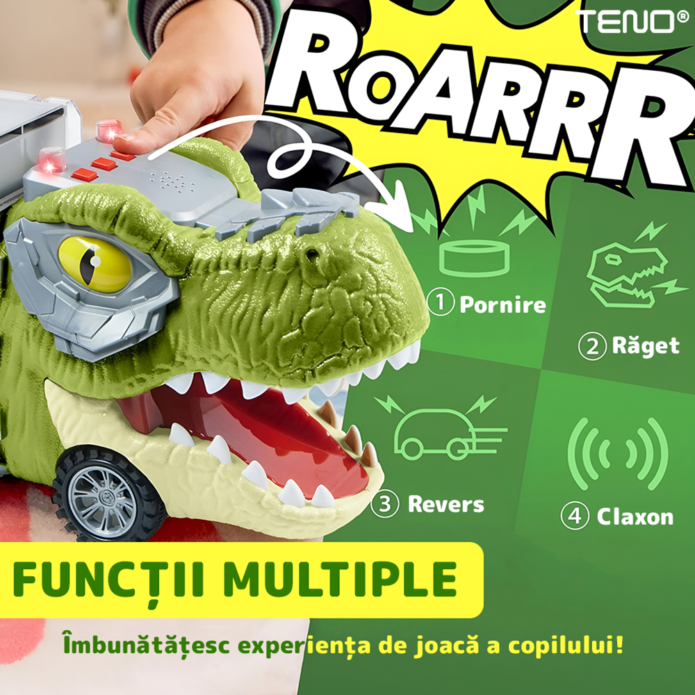 Set Camion Trailer de Jucarie pentru Transport Teno®, T-REX, 6 vehicule incluse, masina, barca, elicopter, accesorii mobile, lansator si rampa frontala, platforma tractare, verde deschis