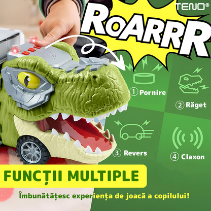 Set Camion Trailer de Jucarie pentru Transport Teno®, T-REX, 6 vehicule incluse, masina, barca, elicopter, accesorii mobile, lansator si rampa frontala, platforma tractare, verde deschis