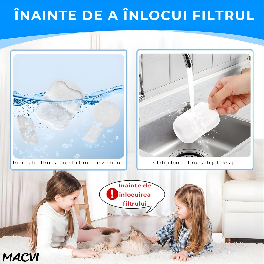 Set 4 filtre Macvi® pentru dispenser de apa automat, design oval, elimina mirosurile si gusturile neplacute, filtrare eficienta pentru caini si pisici, bumbac de calitate
