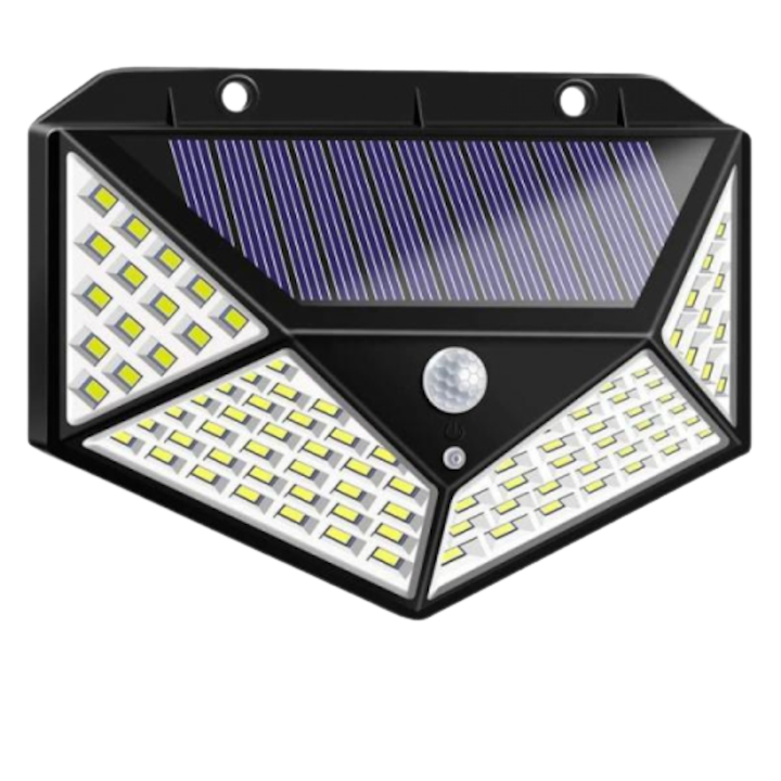 Lampi Solare Macvi® cu 100 LED-uri, Panou Solar si Senzor de Miscare, Iluminare Unghi Larg 270°, IP65, 600 Lm