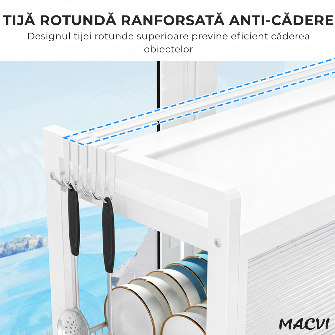 Scurgator Vase deasupra Chiuvetei Macvi®, Raft Multifunctional cu 3 Niveluri, Suport Tacamuri si Cutite, Organizator Bucatarie din Inox cu Usi Rabatabile AntiPraf