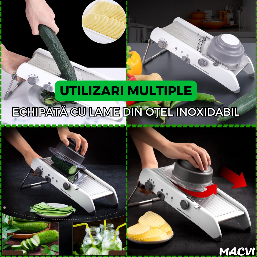 Razatoare Multifunctionala Macvi® pentru legume si fructe, 18 taieturi diferite, lame inox, reglabila 1-7 mm, ergonomica, gri