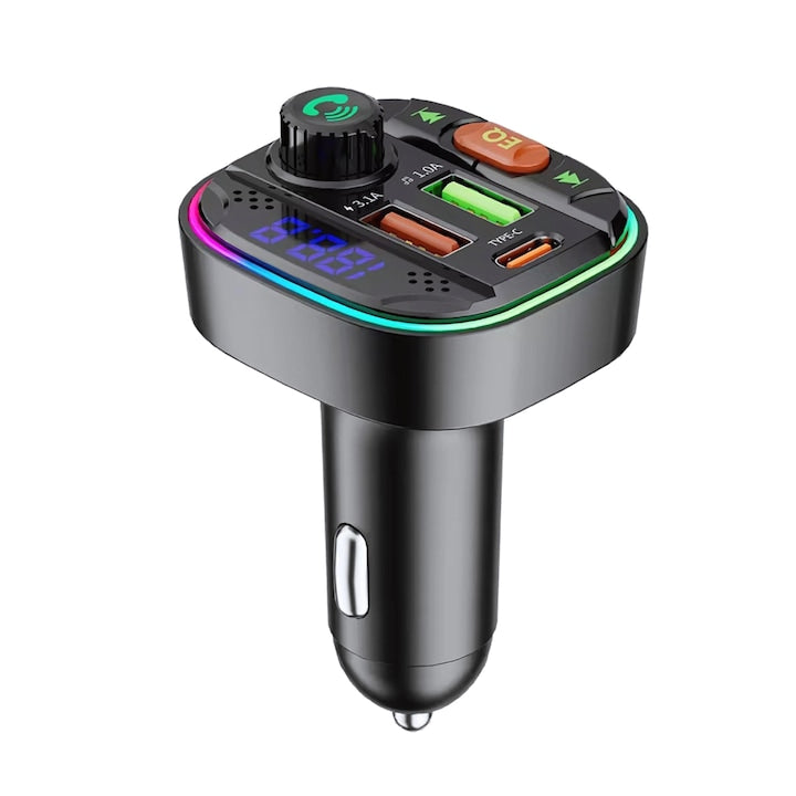 Modulator FM Bluetooth 5.0 Macvi® cu Incarcare Rapida QC 3.0 si PD 20W, 1x USB Tip C, 2x USB Tip A, Iluminare RGB, Negru