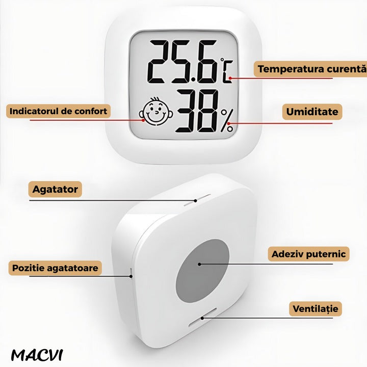 Termometru si Higrometru Digital MACVI® cu Afisaj LCD Indicator Confort, Temperatura si Umiditate, Design Compact, Baterie Inclusa