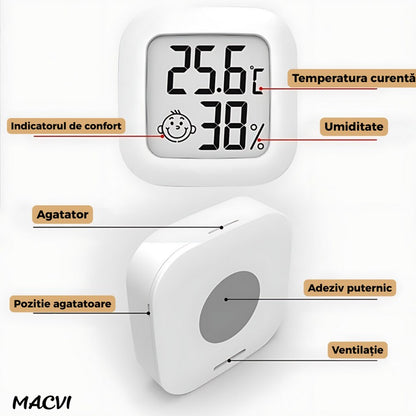 Termometru si Higrometru Digital MACVI® cu Afisaj LCD Indicator Confort, Temperatura si Umiditate, Design Compact, Baterie Inclusa