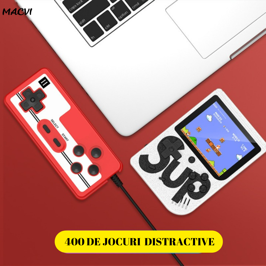 Mini Consola Retro Portabila Macvi® cu 400 Jocuri, 2 Jucatori, LCD Color 3 Inch, Baterie Reincarcabila, Conectare la Televizor, Culoare Rosu/Alb