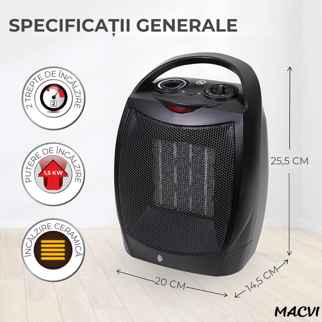 Aeroterma electrica Macvi® 1500W cu ceramica PTC, 2 niveluri de putere, termostat ajustabil, protectie supraincalzire, incalzitor portabil pentru camere pana la 15 mp