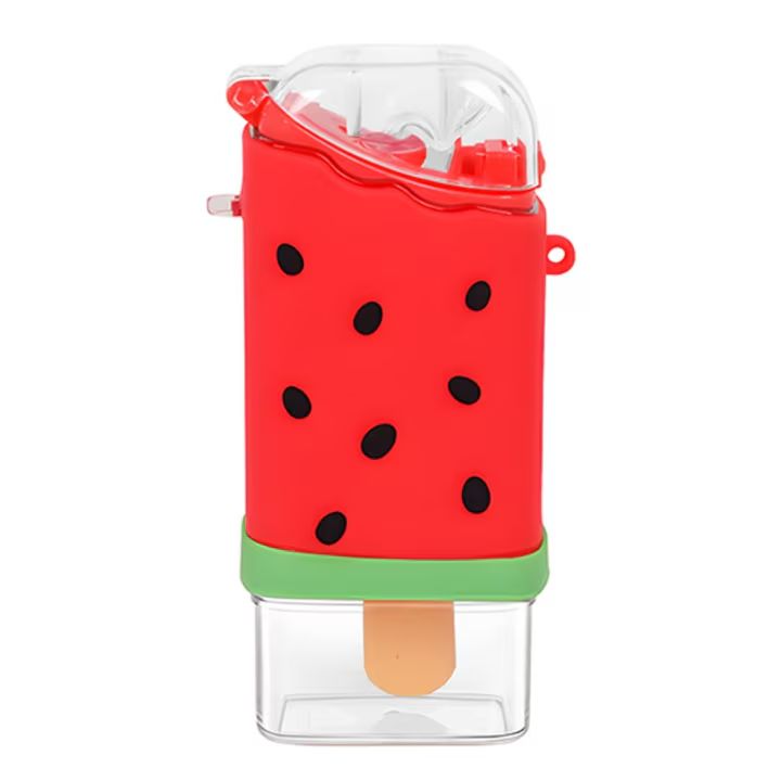 Sticla de Apa pentru Copii Macvi® Forma Inghetata Pepene, 300 ml, Fara BPA, Anti-Scurgere, Capac Etans, Pai Incorporat, Usor de Curatat, Rosu