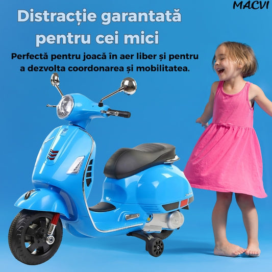 Scuter electric Macvi® pentru copii 3-8 ani, design realist Vespa, cu 2 baterii reincarcabile 6V, lumini functionale, roti ajutatoare, sistem audio si oglinzi, pana la 6 km/h, Albastru