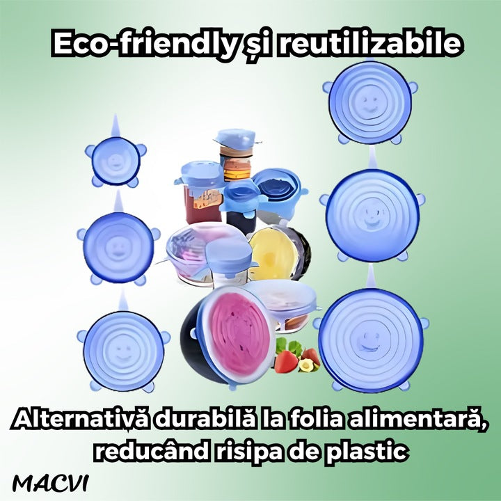 Set 6 Capace din Silicon Flexibil Macvi® Reutilizabile, Etanse, pentru Pastrarea Alimentelor, Albastru si Transparent