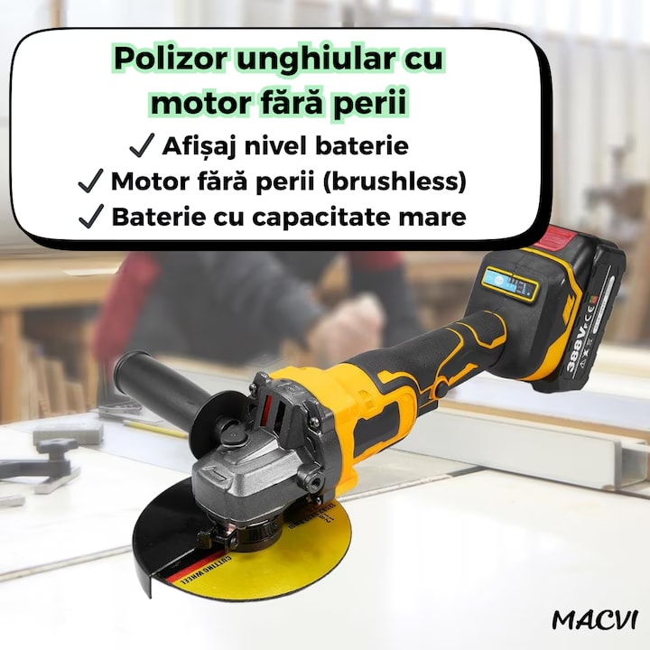 Polizor Unghiular Macvi® 96V Fara Fir Motor Brushless, Acumulator 15.0Ah, 10.000 RPM, 3 Viteze, Disc 125 mm, Protectie Suprasarcina, Afisaj Baterie