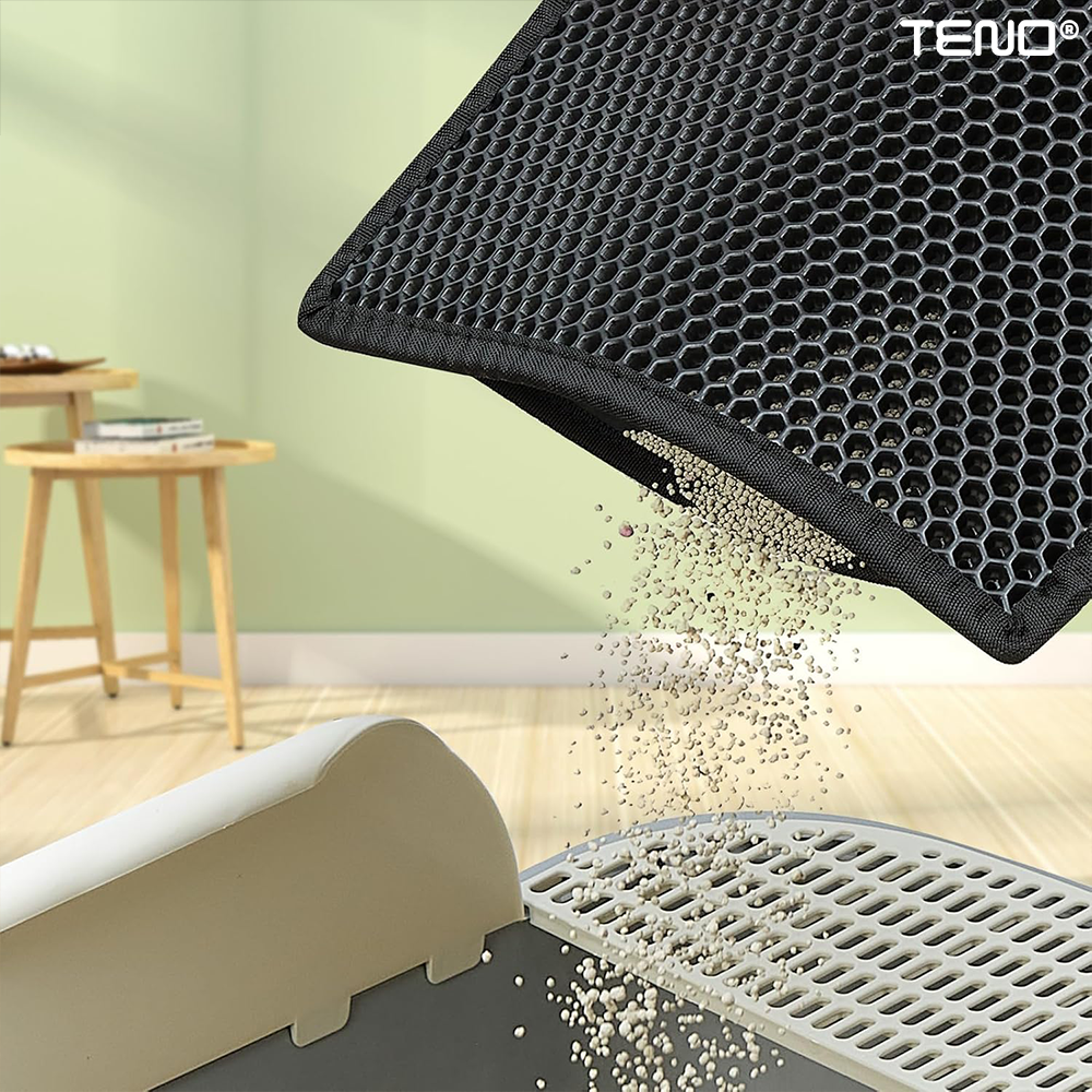 Covor pentru Litiera Pisicii Teno®, colectarea granulelor de nisip de diverse dimensiuni, waterproof, antiderapant, curata labutele pisicii, 45 x 60 cm, negru