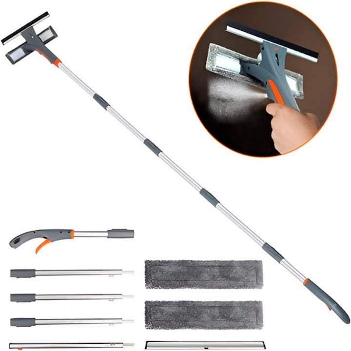 Stergator geamuri Macvi® profesional, maner extensibil pana la 193 cm, pulverizare apa, laveta microfibra inclusa, curatare fara urme
