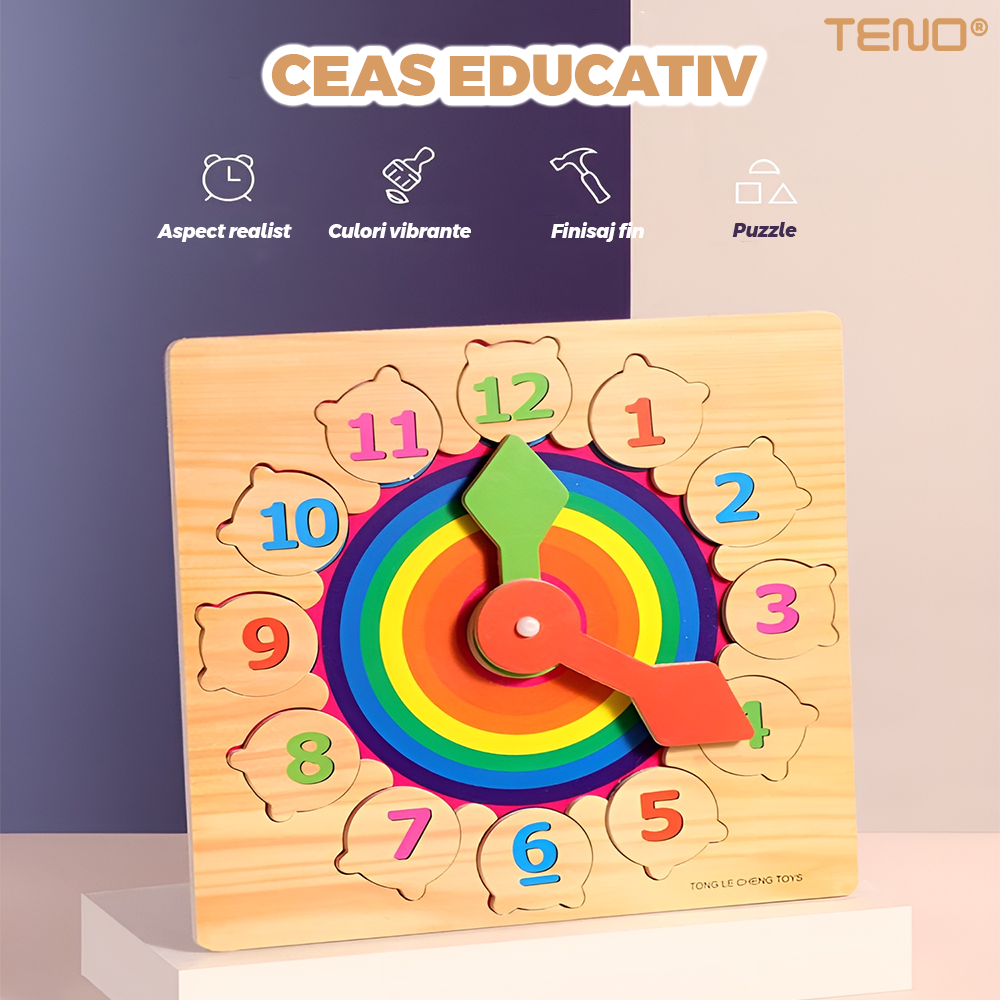 Ceas Educativ din Lemn Teno®, cifre detasabile, imagini ascunse cu animale, ace de ceasornic rotative, culorile curcubelui, +3 ani, multicolor